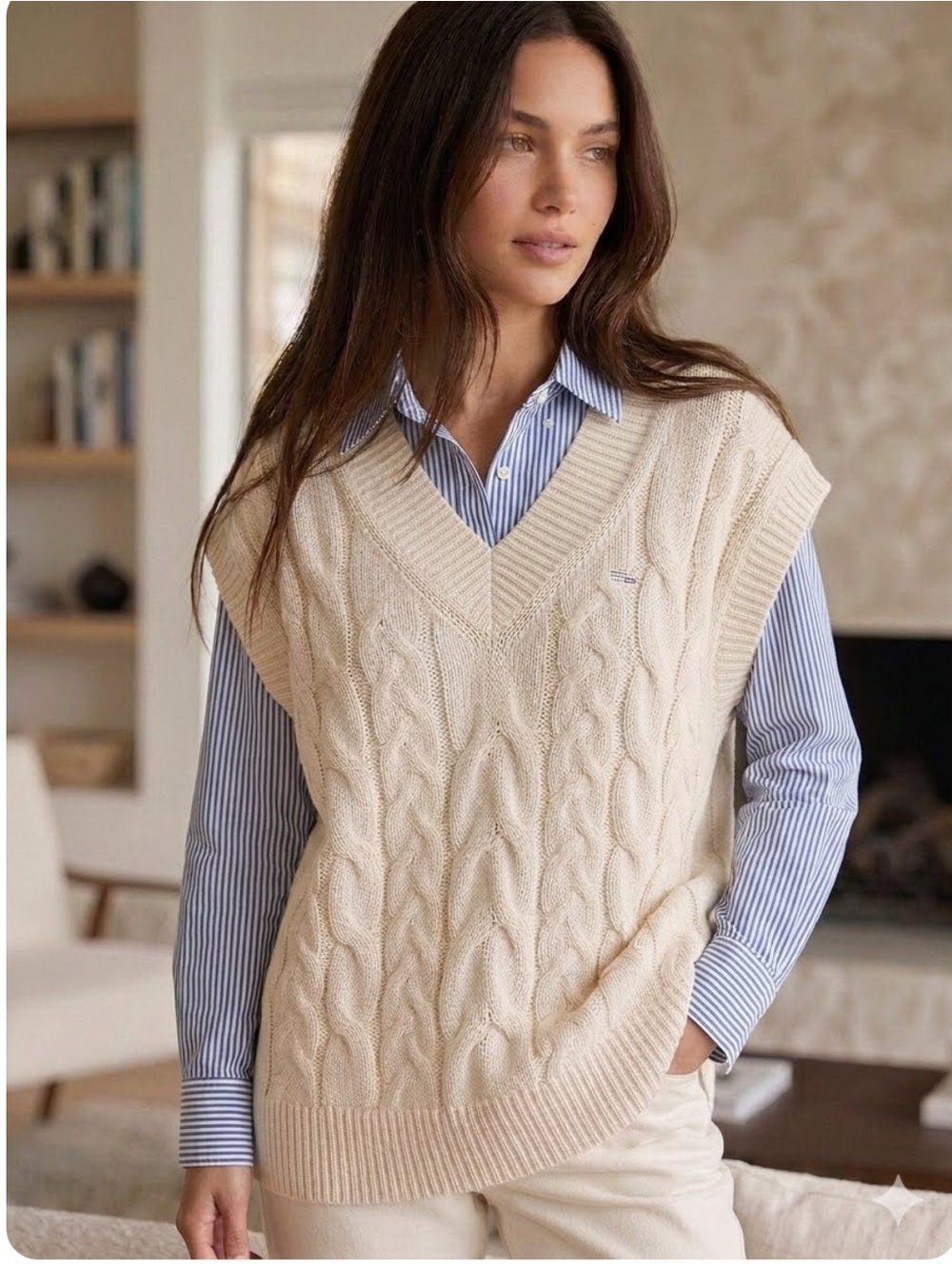 Basin + Range Ivory Cable Fisherman Sweater Vest Top Layer Preppy Collegiate M